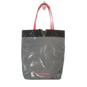 Victorias Secret Black &‎ White Striped Tote Bag With Pink Handles